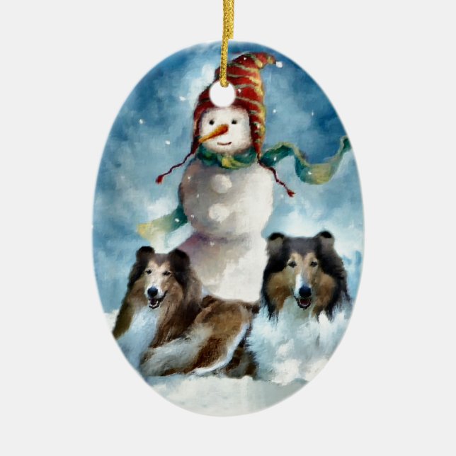 Rough Collie with Snowman Christmas Ceramic Ornament (Front)