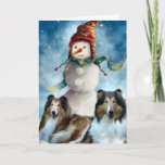 Rough Collie with Snowman Christmas Holiday Card<br><div class="desc">Equisite rough collie Christmas art. Wonderful Holiday merchandise gift ideas for the Collie lover on your shopping list. xmas products include cards,  ornaments,  hoodies,  sweatshirts,  more. Give as Christmas gifts or treat yourself!</div>
