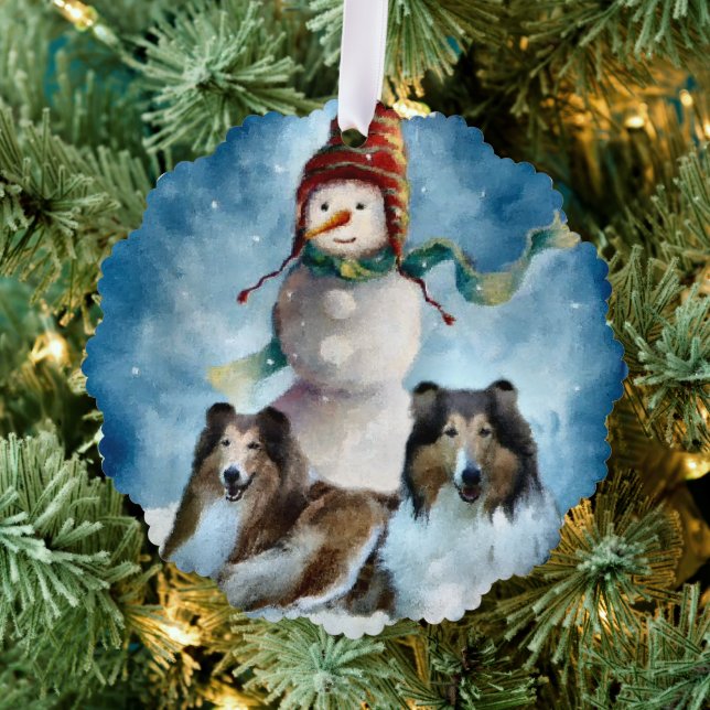 Rough Collie with Snowman Christmas Ornament Card (Insitu (Tree))