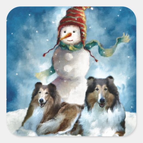 Rough Collie with Snowman Christmas Square Sticker