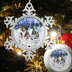 Rough Collies & Lambs in Magic Fairy Tales Night - Snowflake Pewter Christmas Ornament