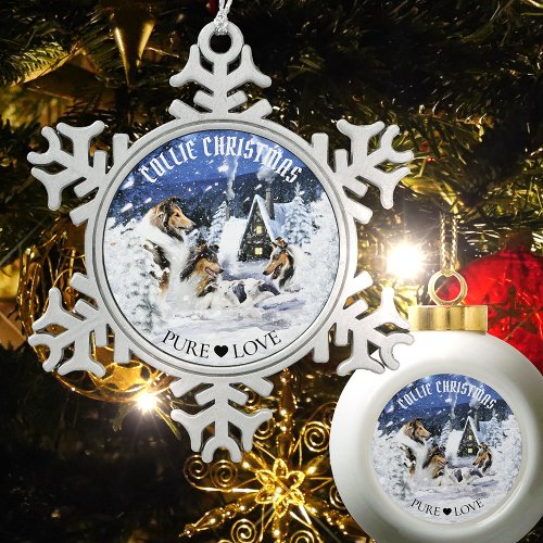 Rough Collies  Lambs in Magic Fairy Tales Night _ Snowflake Pewter Christmas Ornament