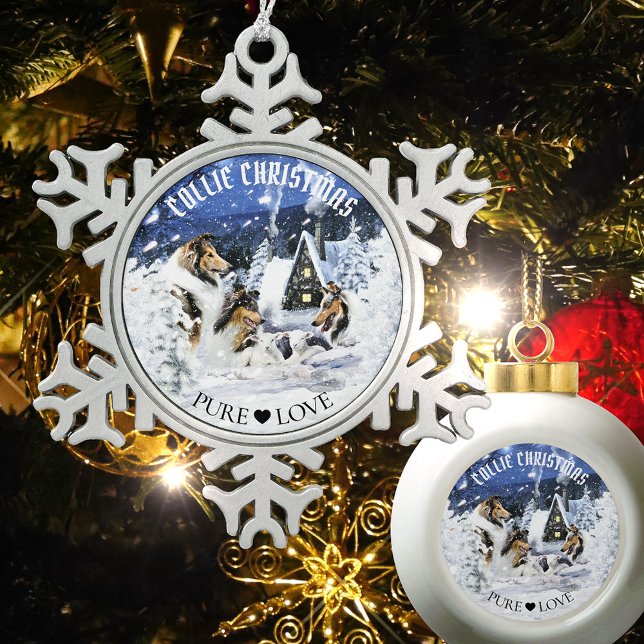 Rough Collies & Lambs in Magic Fairy Tales Night - Snowflake Pewter Christmas Ornament (Creator Uploaded)