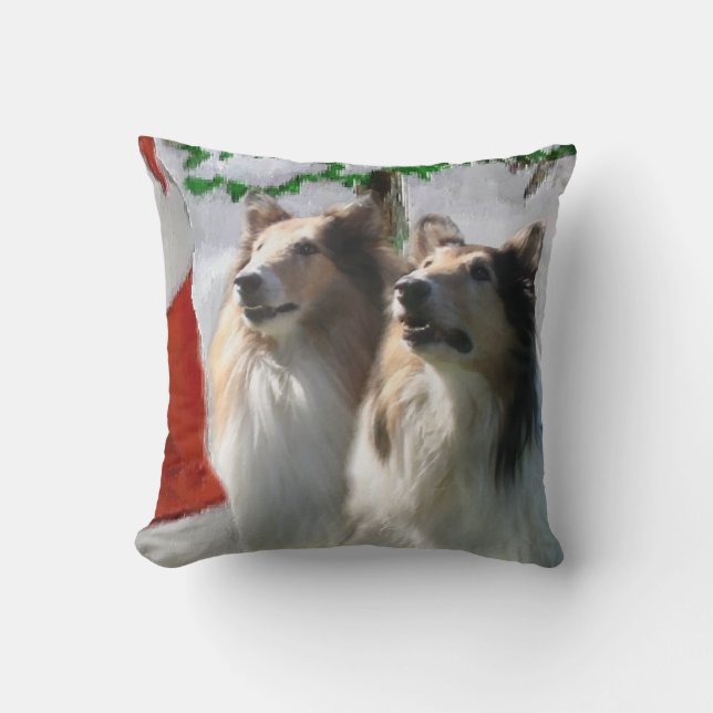 Rough Collies Meet Santa   Christmas Throw Pillow (Front)