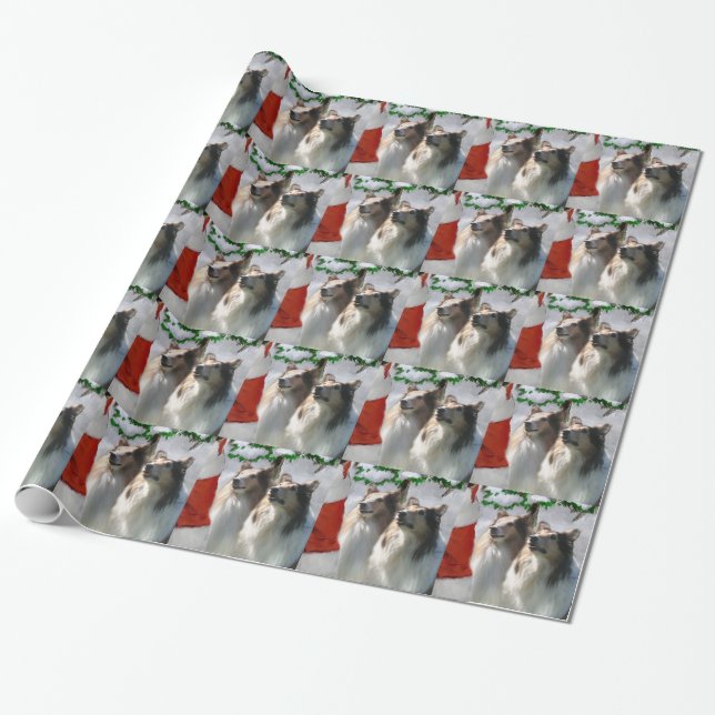 Rough Collies Meet Santa   Christmas Wrapping Paper (Unrolled)