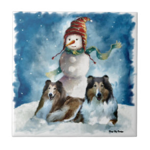 Rough Collies with Snowman Christmas Ceramic Tile