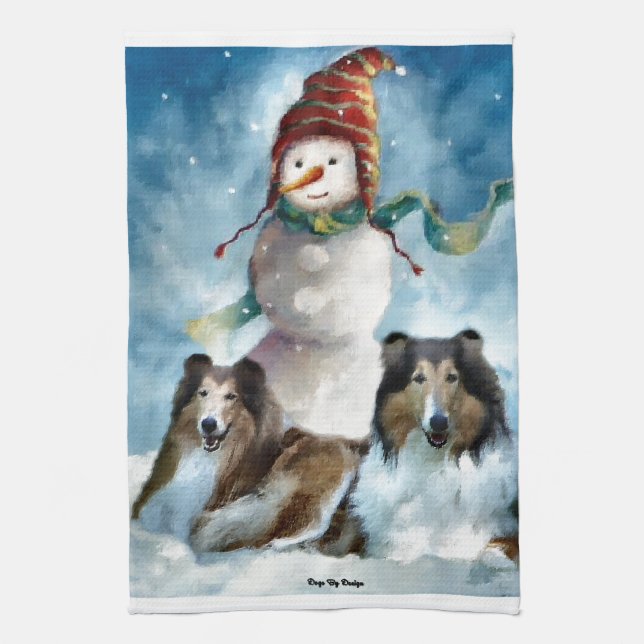 Rough Collies with Snowman Christmas Towel (Vertical)