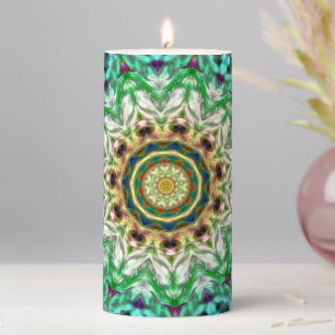 Rough metal aqua blue and green texture mandala pillar candle