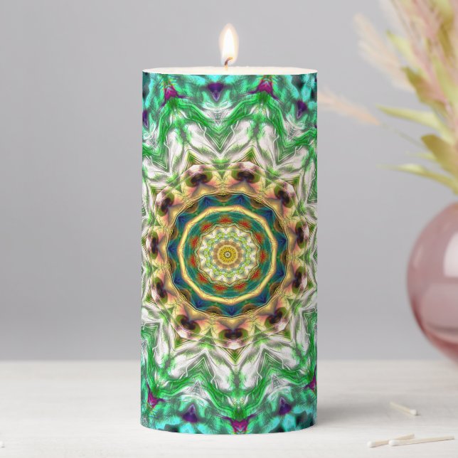 Rough metal aqua blue and green texture mandala    pillar candle (In Situ)