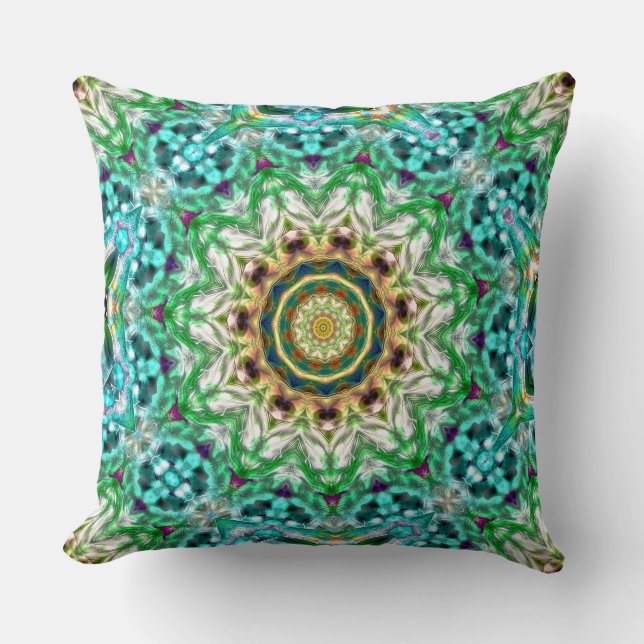 Rough metal aqua blue and green texture mandala    throw pillow (Front)
