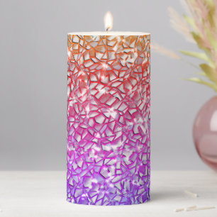 Rough mosaic orange to red and lilac, and sparkle pillar candle