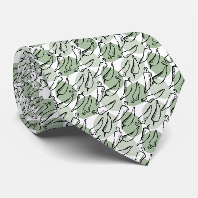 Rough Sketch Chile Peppers on Green Neck Tie (Rolled)