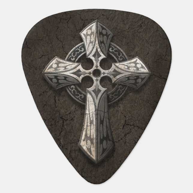 Rough Stone Gothic Cross with Tribal Inlays Guitar Pick (Front)