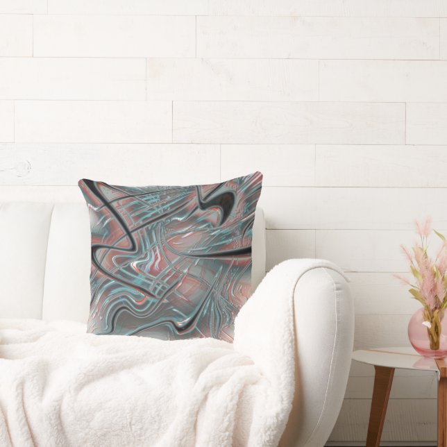 Rough wavy traces over pale salmon and gray blue   throw pillow (Couch)