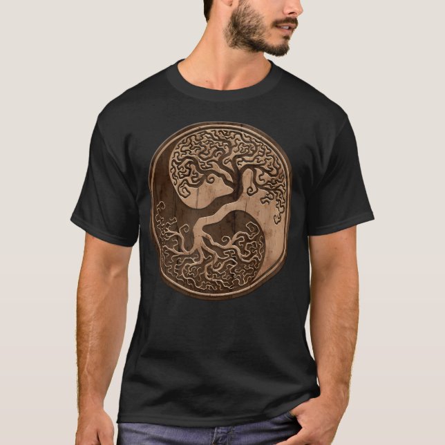 Rough Wood Grain Effect Tree Of Life Yin Yang T-Shirt (Front)