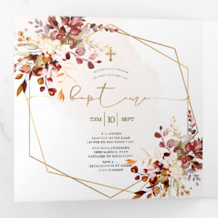 Rouille d'Orange Feuillage Aquarelle Bapteme Tri-Fold Invitation