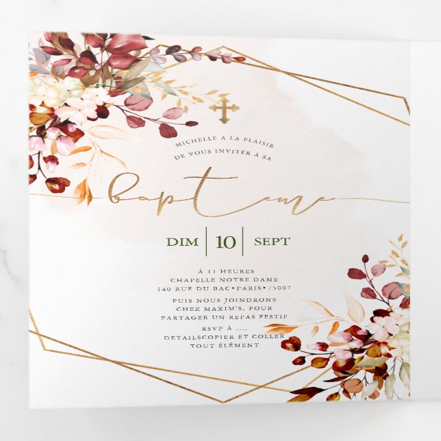 Rouille d'Orange Feuillage Aquarelle Bapteme Tri-Fold Invitation (Inside First)