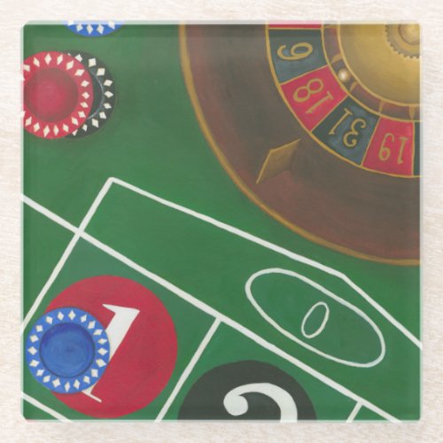 Roulette Table with Chips and Wheel Glass Coaster