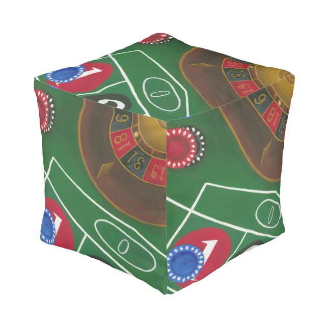 Roulette Table with Chips and Wheel Pouf (Angled Front)
