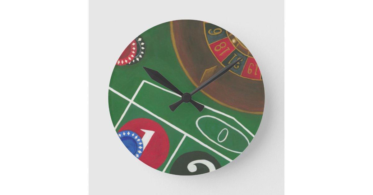 Roulette Table with Chips and Wheel Round Clock | Zazzle