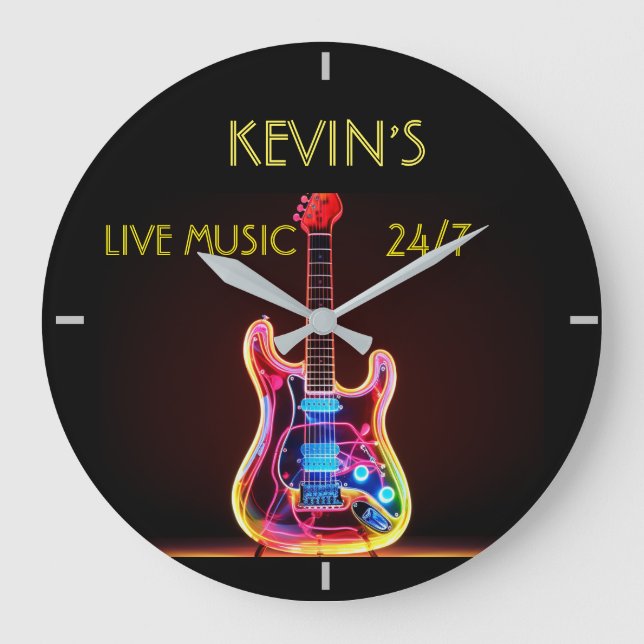 Round Acrylic Faux Neon Guitar Clock (Front)