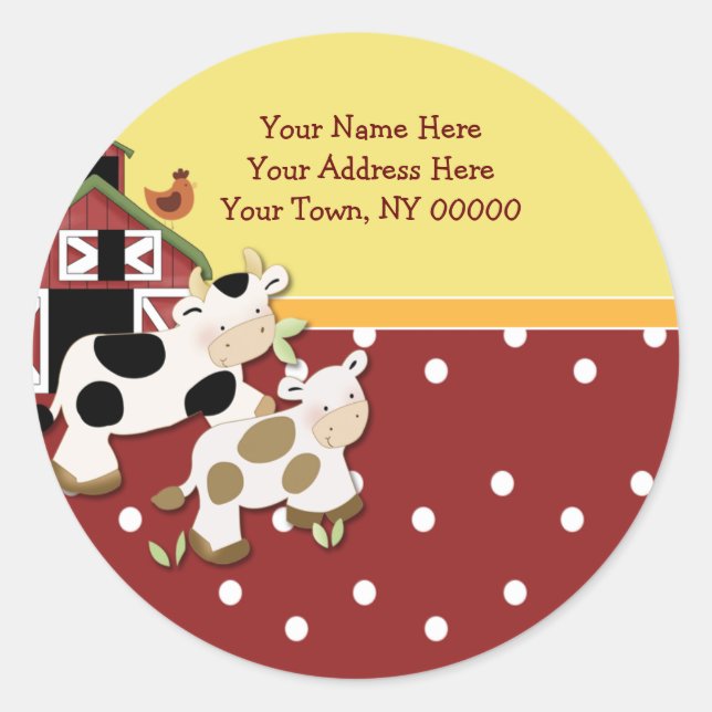 Round Address Labels Baby Moo Cow Red (Front)