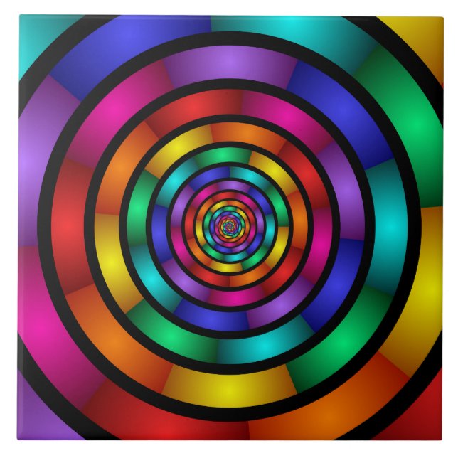 Round and Psychedelic Colorful Modern Fractal Art Ceramic Tile (Front)
