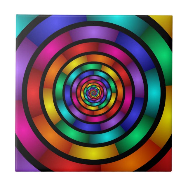 Round and Psychedelic Colorful Modern Fractal Art Ceramic Tile (Front)