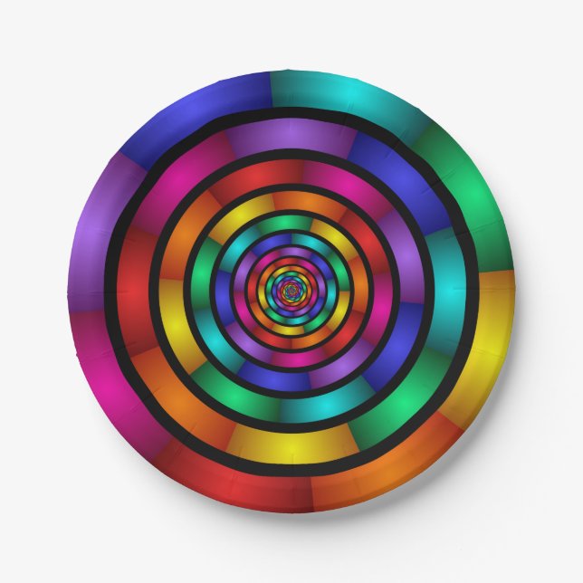 Round and Psychedelic Colorful Modern Fractal Art Paper Plates (Front)