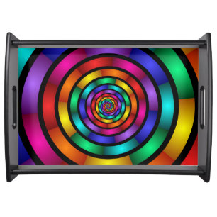 Round and Psychedelic Colorful Modern Fractal Art Serving Tray
