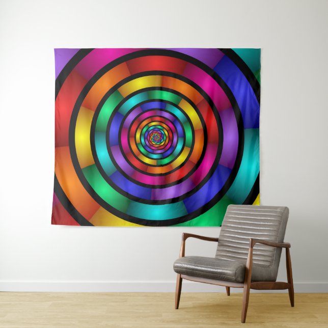 Round and Psychedelic Colorful Modern Fractal Art Tapestry (In Situ (Horizontal))