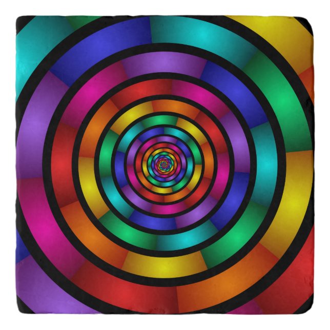 Round and Psychedelic Colorful Modern Fractal Art Trivet (Front)
