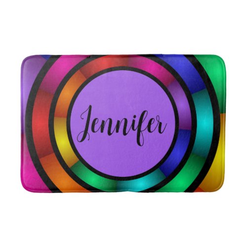 Round and Psychedelic Colorful Modern Fractal Name Bath Mat