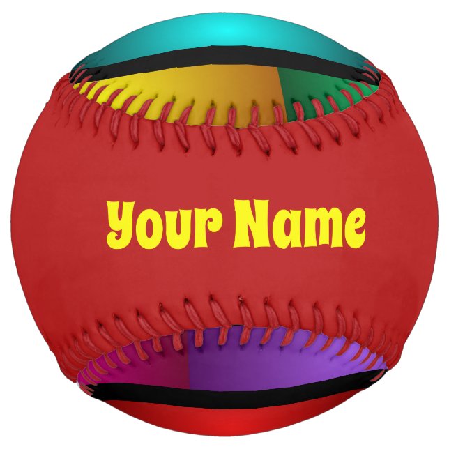 Round and Psychedelic Colorful Modern Fractal Name Softball (Front)