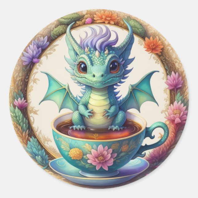 Round baby dragon in a teacup classic round sticker (Front)