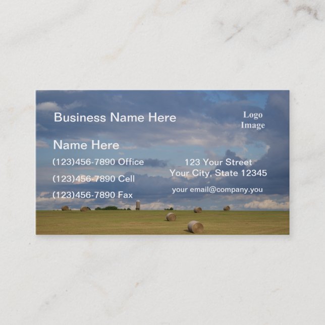 Round bales in a field by silo. business card (Front)