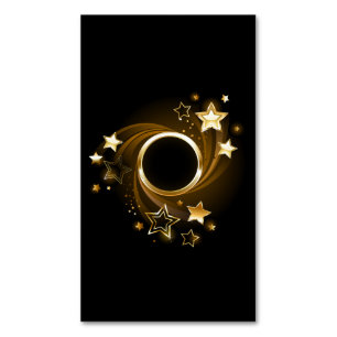 Round Banner with Gold Stars on Black Business Card Magnet