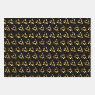 Round Banner with Gold Stars on Black Wrapping Paper Sheets