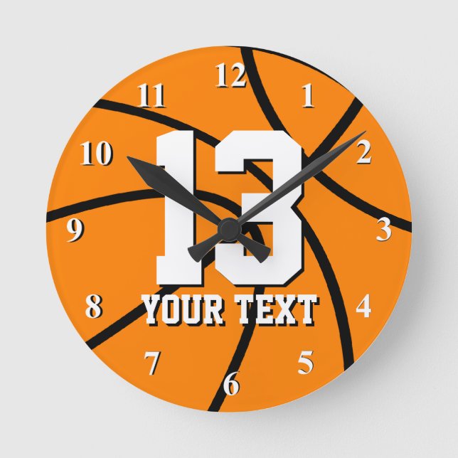 Round basketball clock with custom number and text (Front)
