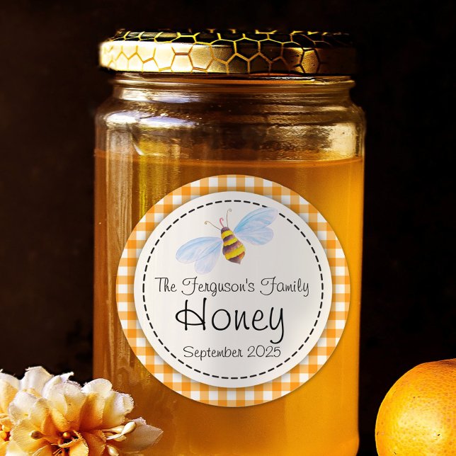 Round bee art honey orange jar top label (Creator Uploaded)