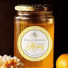 Round bee art honey yellow jar top label