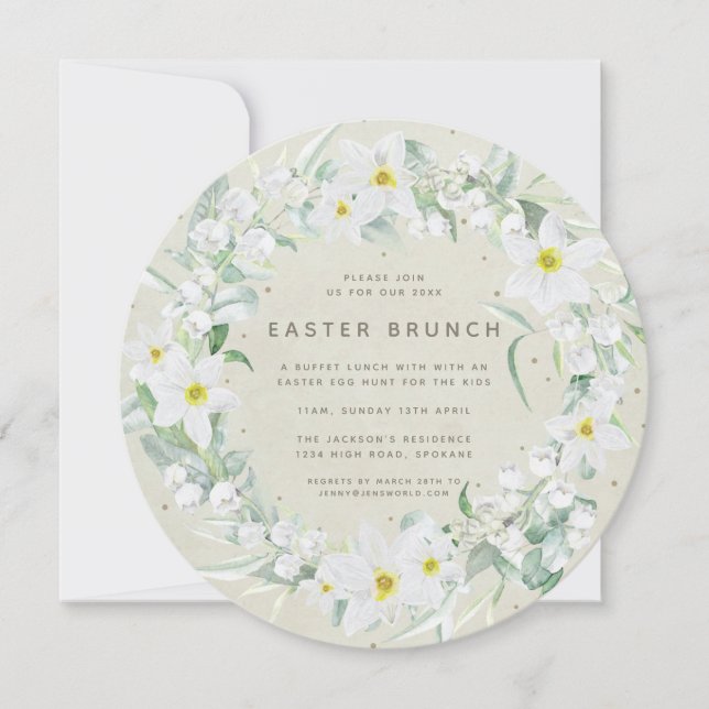 Round Beige + White Floral Wreath Easter Brunch Invitation (Front)