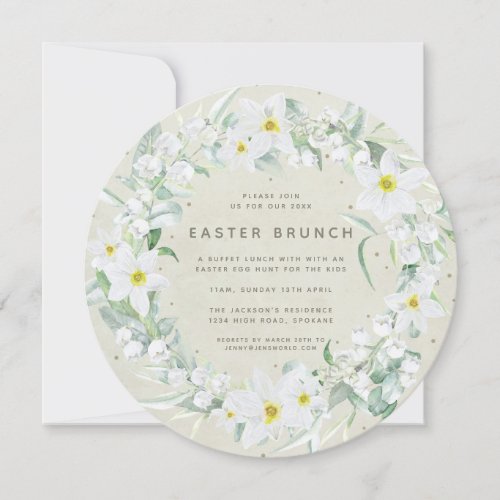 Round Beige  White Floral Wreath Easter Brunch Invitation