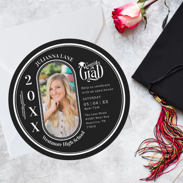 Round Black and White Graduation Photo Invitation | Zazzle