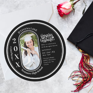 Round Black and White Graduation Photo Invitation