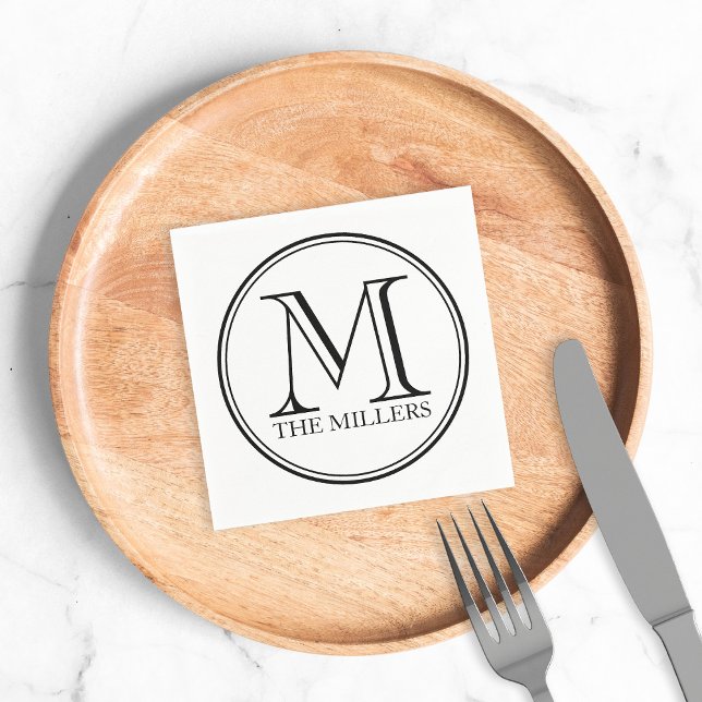 Round Black Border Name Monogram Napkins (Creator Uploaded)