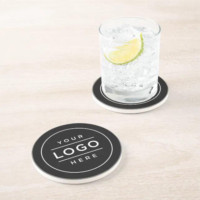 Round Black Custom Business Logo Branded Coaster | Zazzle