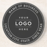 Round Black Custom Business Logo Branded Coaster<br><div class="desc">A professional custom branded coaster for your business features your logo design framed by the name of the company with location and year established. Other wording such as a slogan or website could also be included. There is an option to adjust the curve of the round text and the black...</div>