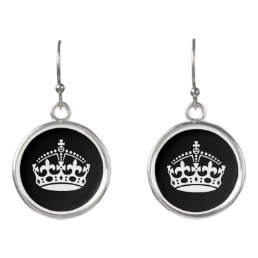 Round black dangle earrings with crown logo