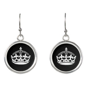 Round black dangle earrings with crown logo